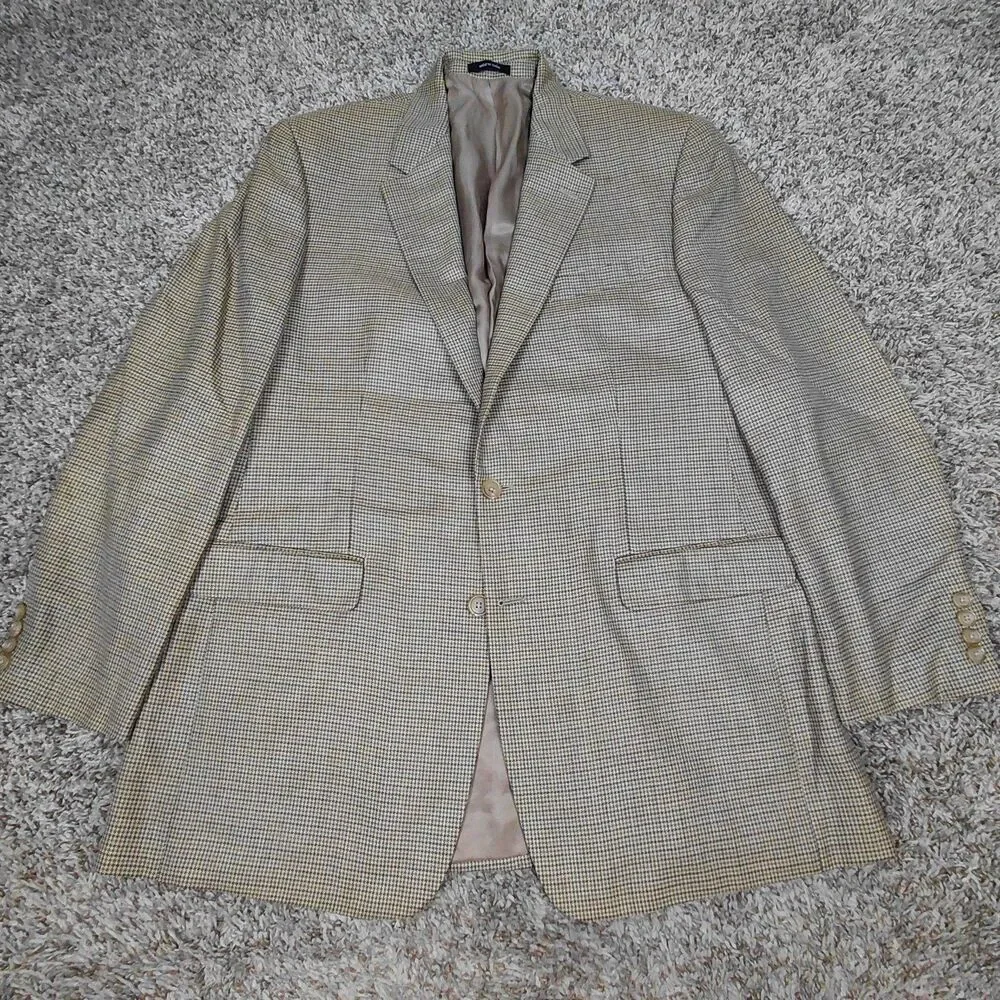 Lauren Ralph Lauren Blazer Mens 43L Tan Houndstooth Silk Wool Two Button Sport